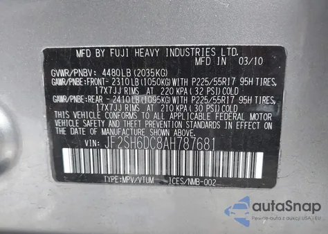 2010 Subaru Forester 2.5X Limited z USA, uszkodzony, nr VIN JF2SH6DC8AH787681